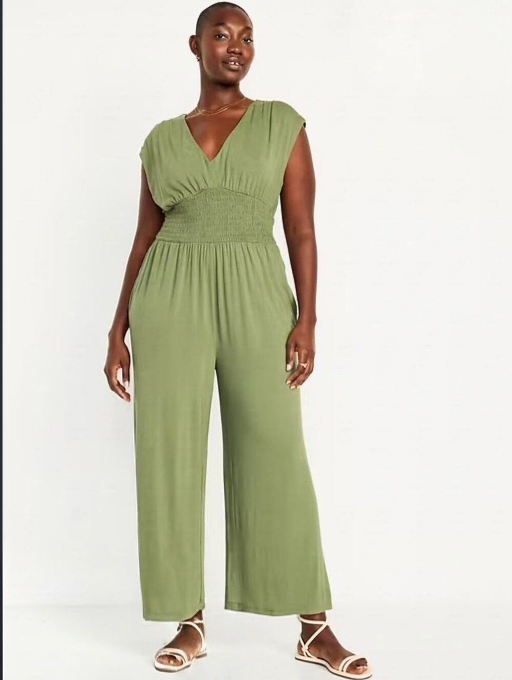 Old Navy Green Jumpsuit V-neck Sleeveless Smocked Waist Pockets Size 2X